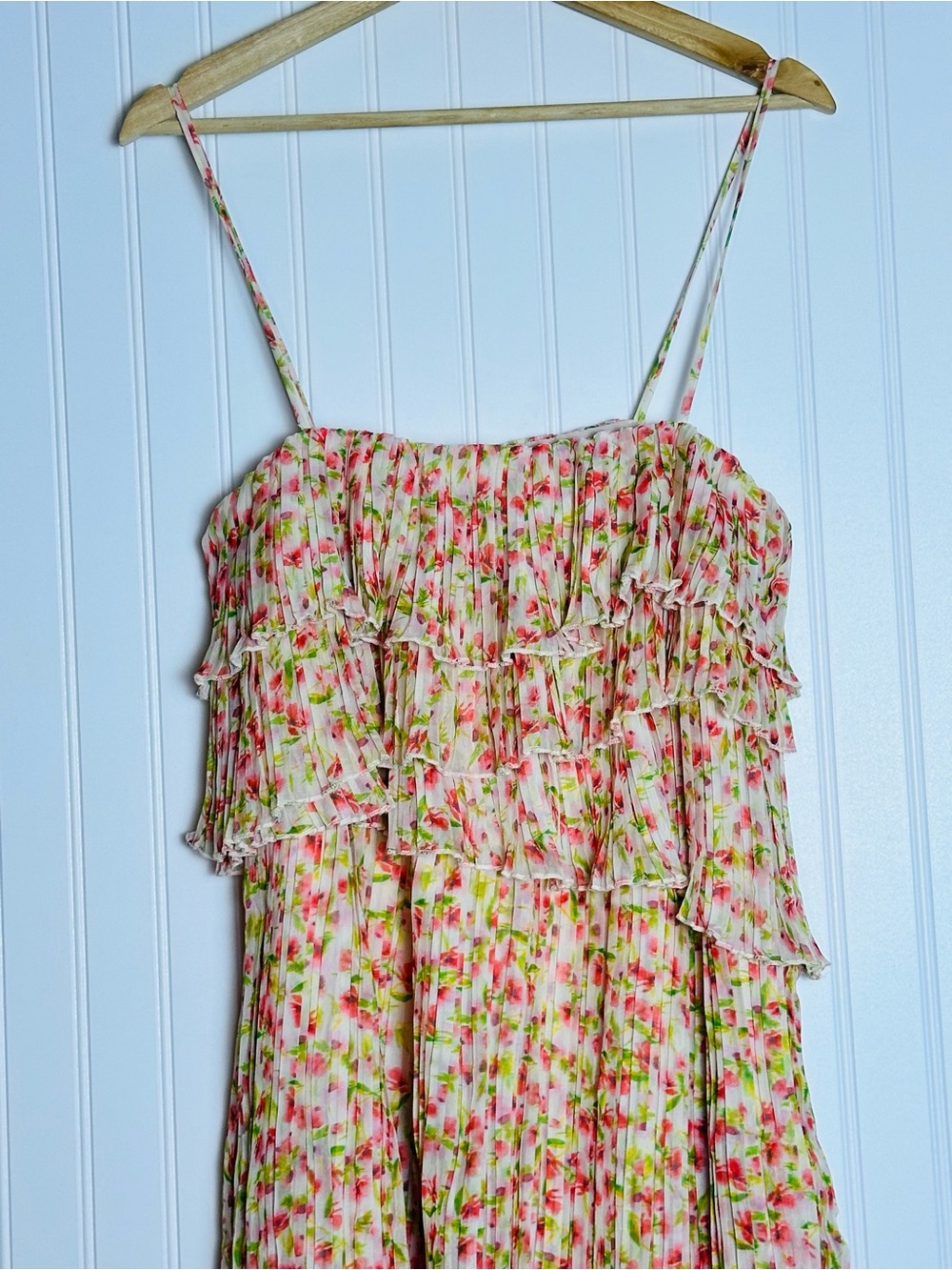 Something Navy Floral Pleated Tiered Dress S Romantic Chiffon Ruffle Pull On. - Picture 5 of 13